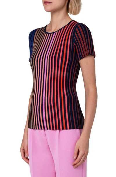 Shop Akris Punto Multicolor Stripe Short Sleeve Virgin Wool Rib Sweater In Pink Multi