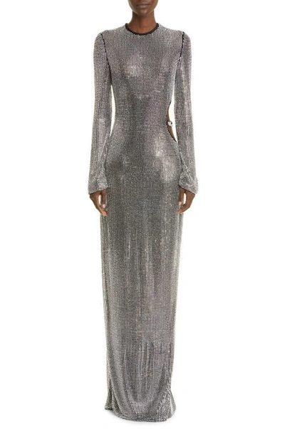Shop Mach & Mach Cutout Long Sleeve Crystal Mesh Gown In Silver