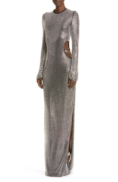Shop Mach & Mach Cutout Long Sleeve Crystal Mesh Gown In Silver