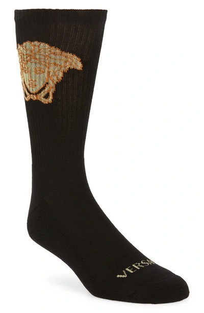 Shop Versace Medusa Crew Socks In Black/ Gold