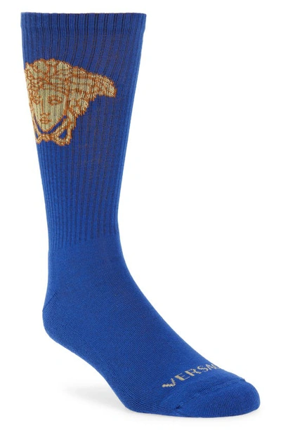 Shop Versace Medusa Crew Socks In Blue/ Gold