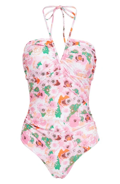 Shop Ganni Floral Print Ruched One-piece Swimsuit In Sugar Plum