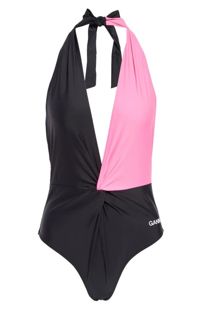 Shop Ganni Colorblock Twist Front One-piece Swimsuit In Sugar Plum