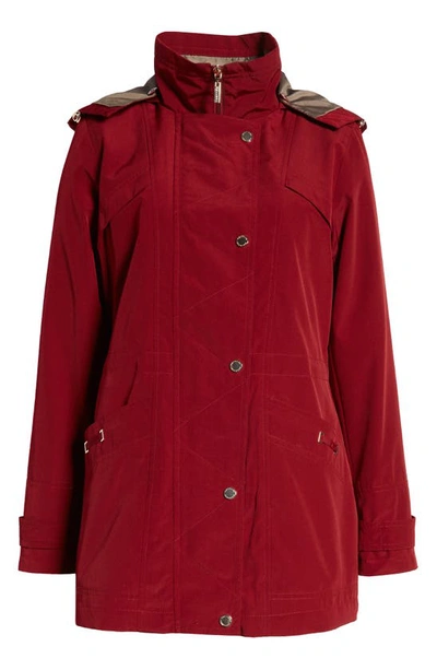 Gallery Cinched Waist Hooded Raincoat In Merlot