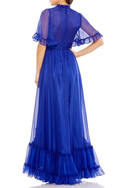 Shop Mac Duggal Ruffle High Neck Flutter Sleeve A-line Gown In Sapphire