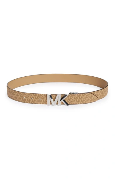 Shop Michael Kors Monogram Reversible Leather Belt In Camel Dark Tonal