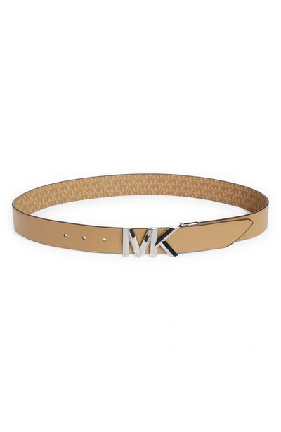 Shop Michael Kors Monogram Reversible Leather Belt In Camel Dark Tonal