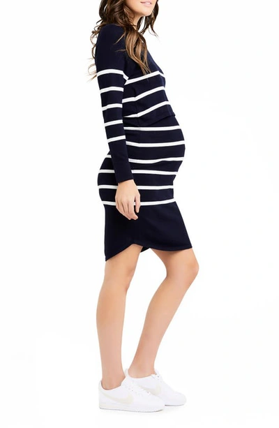 Ripe Maternity Valerie Stripe Long Sleeve Tunic Maternity Sweater Dress In Navy