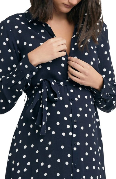 Shop Ripe Maternity Spotted Long Sleeve Tie Waist Maternity Shirtdress In Navy