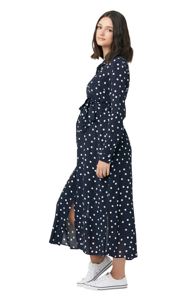 Shop Ripe Maternity Spotted Long Sleeve Tie Waist Maternity Shirtdress In Navy