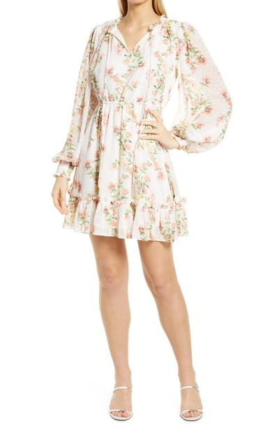 Shop Rachel Parcell Floral Print Long Sleeve Swiss Dot Dress In Ivory Poppy Vine