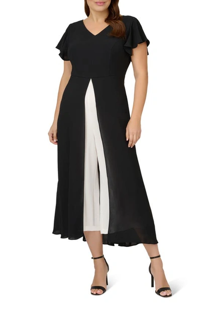 Shop Adrianna Papell Crepe Overlay Jumpsuit In Black/ Ivory