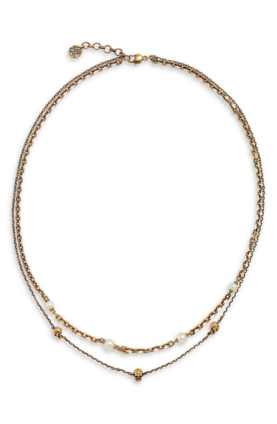 Shop Alexander Mcqueen Imitation Pearl & Skull Layered Necklace In 2375 Antique Gold - Pearl