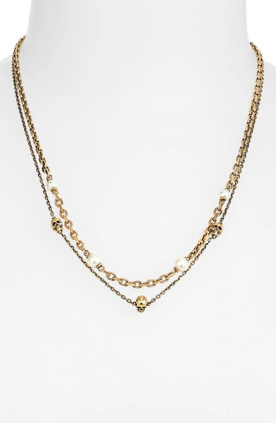 Shop Alexander Mcqueen Imitation Pearl & Skull Layered Necklace In 2375 Antique Gold - Pearl