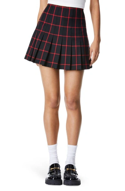 Shop Alice And Olivia Carter Plaid Pleated Miniskirt In Black/ Perfect Ruby