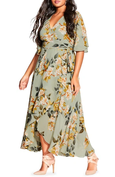 City Chic Magnolia Floral Print Tie Waist Maxi Dress In Green