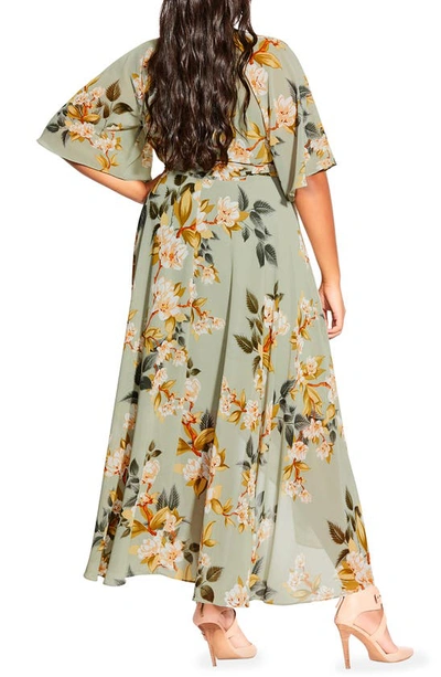 City Chic Magnolia Floral Print Tie Waist Maxi Dress In Green