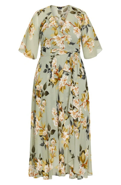 City Chic Magnolia Floral Print Tie Waist Maxi Dress In Green