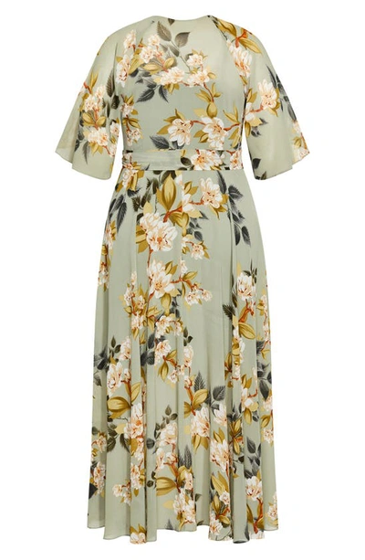 City Chic Magnolia Floral Print Tie Waist Maxi Dress In Green