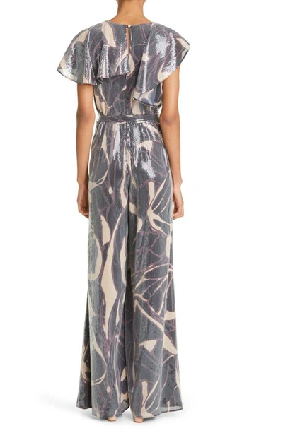Shop Ted Baker Edennie Print Ruffle Sequin Jumpsuit In Silver Multi