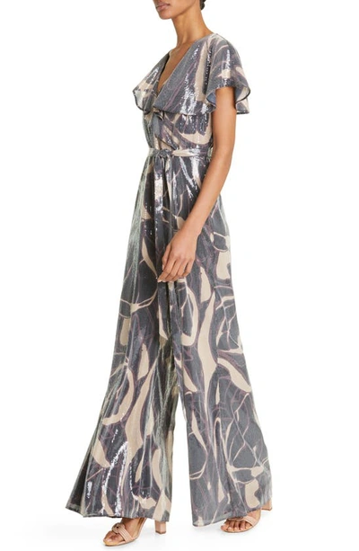 Shop Ted Baker Edennie Print Ruffle Sequin Jumpsuit In Silver Multi