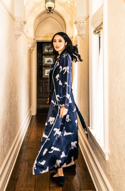 Shop Petite Plume Panthre De Nuit Piped Silk Robe In Navy