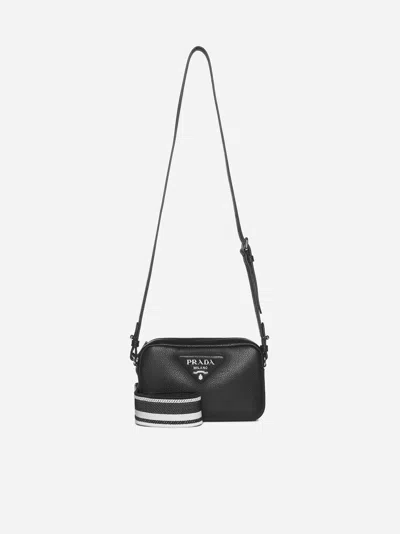 Shop Prada Logo Leather Crossbody Bag In Black