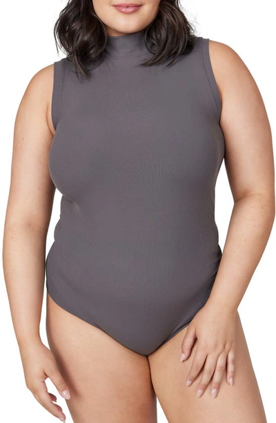 Shop Spanx Suit Yourself Ribbed Mock Neck Sleeveless Smoother Bodysuit In Deep Slate