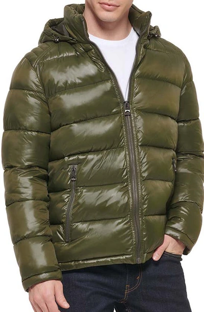 Guess Hooded Solid Puffer Jacket In Army Green ModeSens