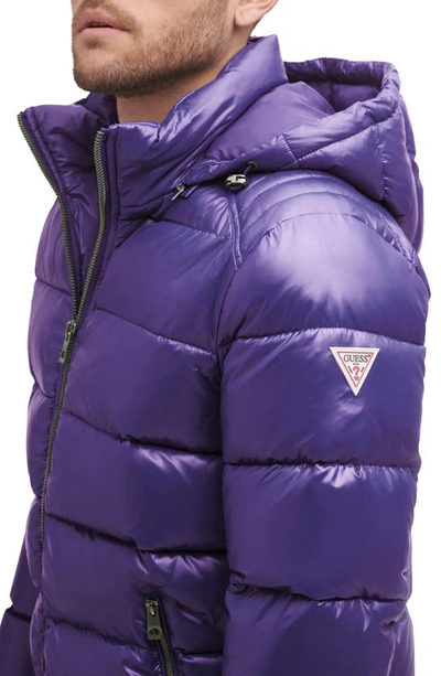 Shop Guess Hooded Solid Puffer Jacket In Purple