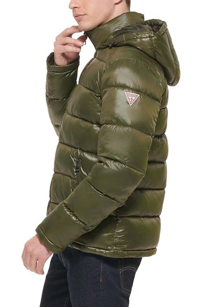 Shop Guess Hooded Solid Puffer Jacket In Army Green