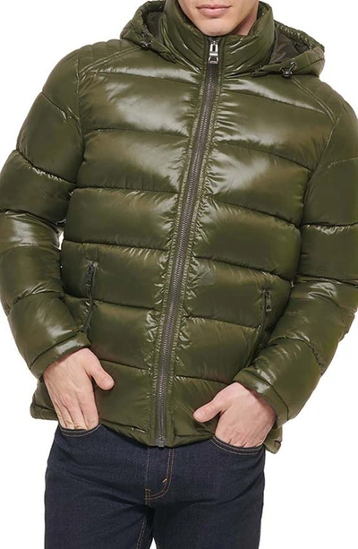 Shop Guess Hooded Solid Puffer Jacket In Army Green