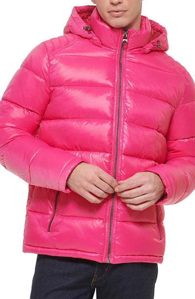Shop Guess Hooded Solid Puffer Jacket In Punch
