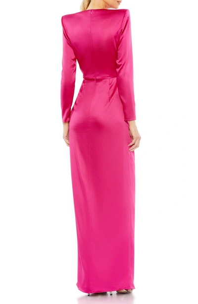 Shop Mac Duggal Satin Bow Long Sleeve Column Gown In Magenta