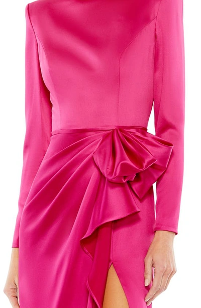 Shop Mac Duggal Satin Bow Long Sleeve Column Gown In Magenta