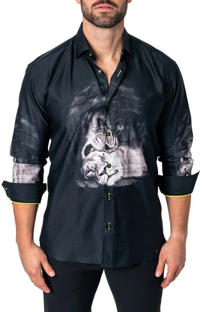 Shop Maceoo Fibonacci Love Lion Cotton Button-up Shirt In Black