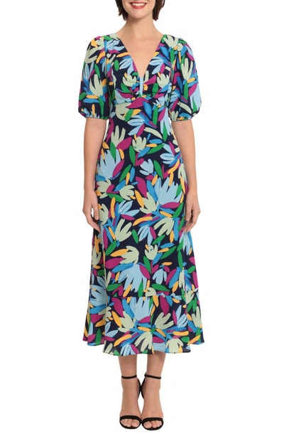 Shop Donna Morgan For Maggy Floral Puff Sleeve Maxi Dress In Navy/ Light Blue