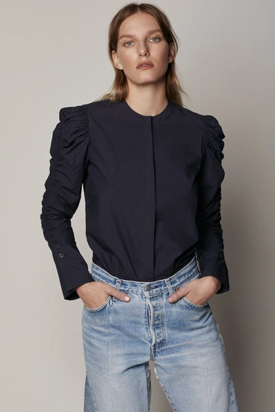 Another Tomorrow Shirred Puff-sleeve Blouse In Midnight