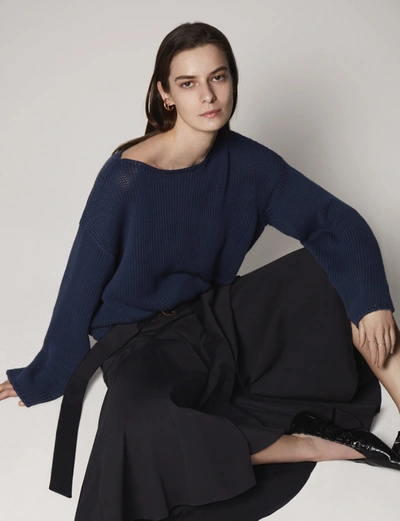 Shop Another Tomorrow Draped Knit Sweater In Navy