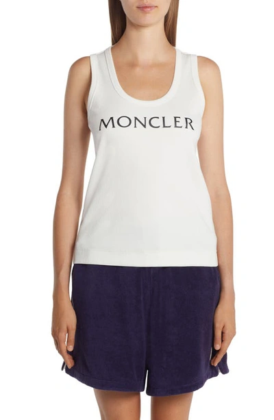 Shop Moncler Logo Cotton Rib Tank Top In White