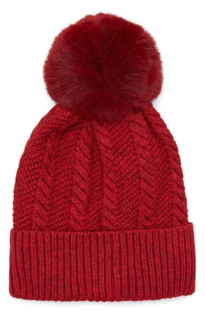 Shop Tasha Cable Knit Pompom Beanie In Raspberry Wine