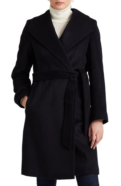 Shop Lauren Ralph Lauren Belted Wool Blend Wrap Coat In Regal Navy