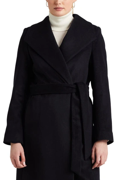 Shop Lauren Ralph Lauren Belted Wool Blend Wrap Coat In Regal Navy