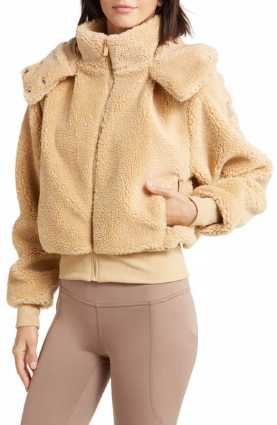 Shop Alo Yoga Foxy Removable Hood Fleece Jacket In Camel