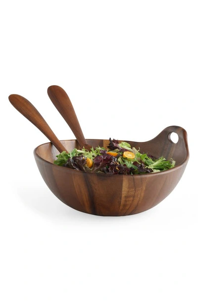 Nambe Portables Wood Salad Bowl With Servers In Brown