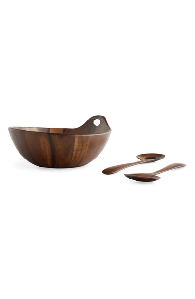 Nambe Portables Wood Salad Bowl With Servers In Brown