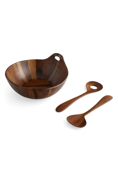 Nambe Portables Wood Salad Bowl With Servers In Brown