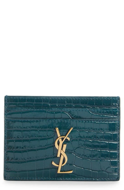 Saint Laurent Monogram Croc Embossed Leather Card Case In Foliage Green