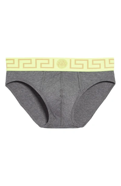 Shop Versace Greca Border Briefs In Fluo Yellow/ Grey