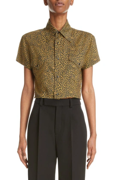 Shop Saint Laurent Warped Leopard Print Short Sleeve Crop Snap-up Shirt In Black/ Camel